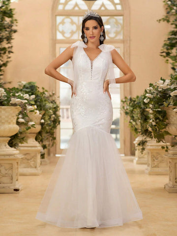 Elegant, Gorgeous And Cute White V-Neck With Detachable Bow Decoration, Transparent French Stretch Lace Stitching, Mesh Corset And Herringbone Line, Suitable For Weddings, Holiday Parties, Vacation, Graduation Season, Long Train Fishtail Wedding Dress