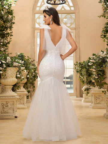 Elegant, Gorgeous And Cute White V-Neck With Detachable Bow Decoration, Transparent French Stretch Lace Stitching, Mesh Corset And Herringbone Line, Suitable For Weddings, Holiday Parties, Vacation, Graduation Season, Long Train Fishtail Wedding Dress