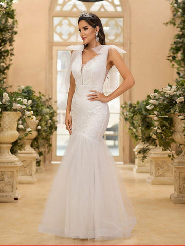 Elegant, Gorgeous And Cute White V-Neck With Detachable Bow Decoration, Transparent French Stretch Lace Stitching, Mesh Corset And Herringbone Line, Suitable For Weddings, Holiday Parties, Vacation, Graduation Season, Long Train Fishtail Wedding Dress