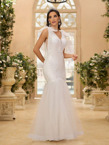 Elegant, Gorgeous And Cute White V-Neck With Detachable Bow Decoration, Transparent French Stretch Lace Stitching, Mesh Corset And Herringbone Line, Suitable For Weddings, Holiday Parties, Vacation, Graduation Season, Long Train Fishtail Wedding Dress