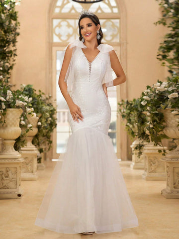 Elegant, Gorgeous And Cute White V-Neck With Detachable Bow Decoration, Transparent French Stretch Lace Stitching, Mesh Corset And Herringbone Line, Suitable For Weddings, Holiday Parties, Vacation, Graduation Season, Long Train Fishtail Wedding Dress