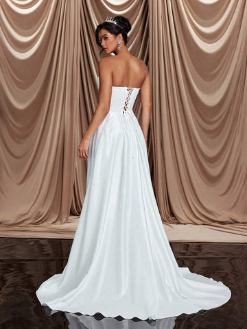 Elegant, Gorgeous And Luxurious Detachable Shoulder Straps, Tube Top, Elastic Knitted Satin Ribbon, Bubble Bead Design, Mermaid Tail, Large A Hem And Backless Tie, Suitable For Weddings, Parties, Vacations, Proms And Banquets. Bridal Wedding Dress