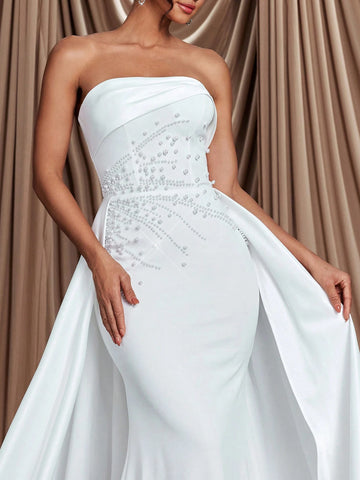 Elegant, Gorgeous And Luxurious Detachable Shoulder Straps, Tube Top, Elastic Knitted Satin Ribbon, Bubble Bead Design, Mermaid Tail, Large A Hem And Backless Tie, Suitable For Weddings, Parties, Vacations, Proms And Banquets. Bridal Wedding Dress