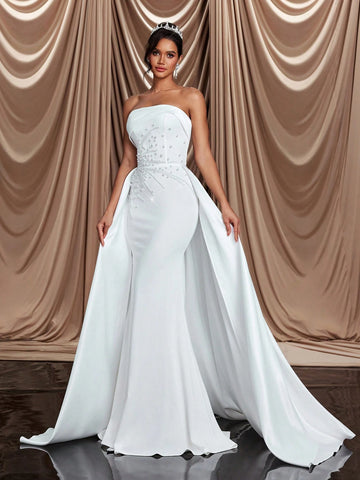 Elegant, Gorgeous And Luxurious Detachable Shoulder Straps, Tube Top, Elastic Knitted Satin Ribbon, Bubble Bead Design, Mermaid Tail, Large A Hem And Backless Tie, Suitable For Weddings, Parties, Vacations, Proms And Banquets. Bridal Wedding Dress