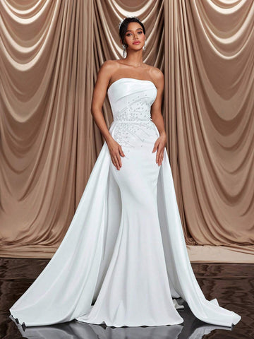 Elegant, Gorgeous And Luxurious Detachable Shoulder Straps, Tube Top, Elastic Knitted Satin Ribbon, Bubble Bead Design, Mermaid Tail, Large A Hem And Backless Tie, Suitable For Weddings, Parties, Vacations, Proms And Banquets. Bridal Wedding Dress