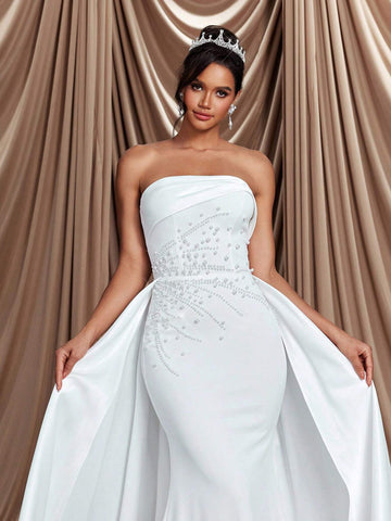 Elegant, Gorgeous And Luxurious Detachable Shoulder Straps, Tube Top, Elastic Knitted Satin Ribbon, Bubble Bead Design, Mermaid Tail, Large A Hem And Backless Tie, Suitable For Weddings, Parties, Vacations, Proms And Banquets. Bridal Wedding Dress