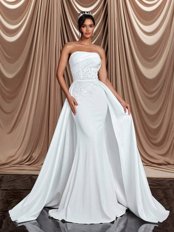 Elegant, Gorgeous And Luxurious Detachable Shoulder Straps, Tube Top, Elastic Knitted Satin Ribbon, Bubble Bead Design, Mermaid Tail, Large A Hem And Backless Tie, Suitable For Weddings, Parties, Vacations, Proms And Banquets. Bridal Wedding Dress