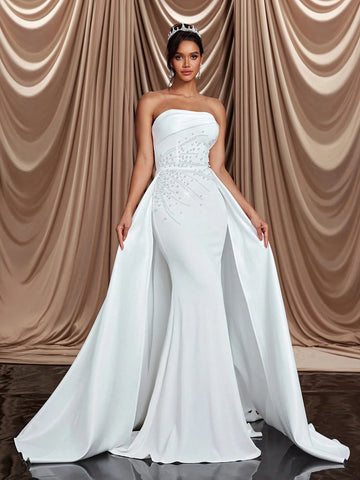 Elegant, Gorgeous And Luxurious Detachable Shoulder Straps, Tube Top, Elastic Knitted Satin Ribbon, Bubble Bead Design, Mermaid Tail, Large A Hem And Backless Tie, Suitable For Weddings, Parties, Vacations, Proms And Banquets. Bridal Wedding Dress