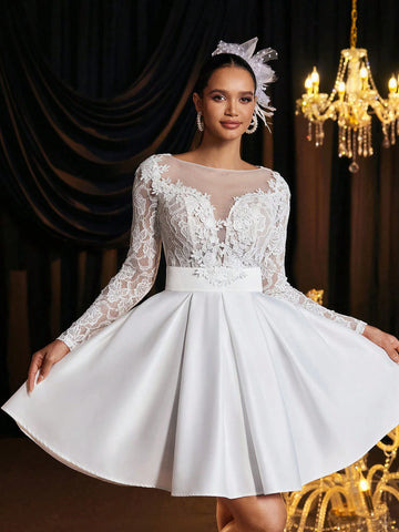 Elegant, Gorgeous And Luxurious White Floral Lace Spliced Long Sleeves, Stretch Lace Pattern With Satin Gathered Hem, Suitable For Solo Parties, Weddings, Graduations, Holiday Bridal Showers, Wedding Dresses