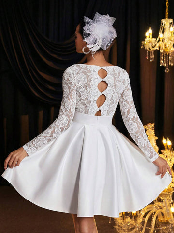 Elegant, Gorgeous And Luxurious White Floral Lace Spliced Long Sleeves, Stretch Lace Pattern With Satin Gathered Hem, Suitable For Solo Parties, Weddings, Graduations, Holiday Bridal Showers, Wedding Dresses