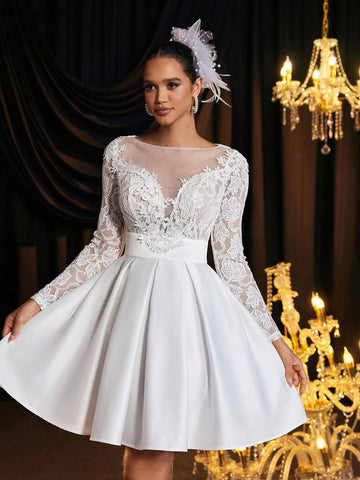 Elegant, Gorgeous And Luxurious White Floral Lace Spliced Long Sleeves, Stretch Lace Pattern With Satin Gathered Hem, Suitable For Solo Parties, Weddings, Graduations, Holiday Bridal Showers, Wedding Dresses