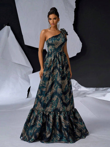 Elegant, Gorgeous And Romantic Ladies Evening Dress With 3D Flower Decoration, Satin Jacquard And Print Patchwork Design, Luxurious A-Line Cut And Shoulder Straps (Heavyweight)