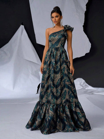 Elegant, Gorgeous And Romantic Ladies Evening Dress With 3D Flower Decoration, Satin Jacquard And Print Patchwork Design, Luxurious A-Line Cut And Shoulder Straps (Heavyweight)