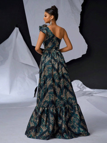 Elegant, Gorgeous And Romantic Ladies Evening Dress With 3D Flower Decoration, Satin Jacquard And Print Patchwork Design, Luxurious A-Line Cut And Shoulder Straps (Heavyweight)