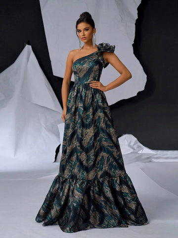 Elegant, Gorgeous And Romantic Ladies Evening Dress With 3D Flower Decoration, Satin Jacquard And Print Patchwork Design, Luxurious A-Line Cut And Shoulder Straps (Heavyweight)