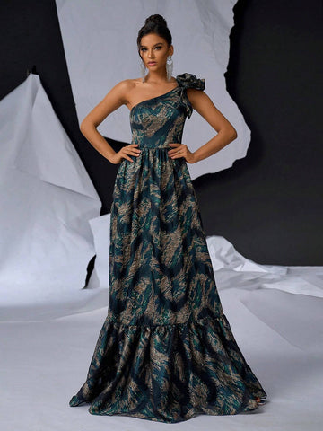 Elegant, Gorgeous And Romantic Ladies Evening Dress With 3D Flower Decoration, Satin Jacquard And Print Patchwork Design, Luxurious A-Line Cut And Shoulder Straps (Heavyweight)