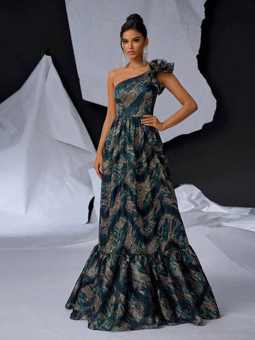 Elegant, Gorgeous And Romantic Ladies Evening Dress With 3D Flower Decoration, Satin Jacquard And Print Patchwork Design, Luxurious A-Line Cut And Shoulder Straps (Heavyweight)
