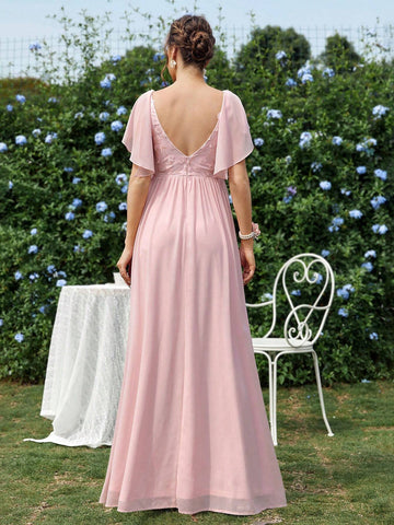 Elegant, Gorgeous And Romantic Lotus Pink Lace 3D Flower Splicing Pearl Chiffon Short Flutter Sleeves Suitable For Weddings, Holiday Parties, Proms, Vacation Graduation Dresses, Informal A-Line Pleated Bridesmaid Dresses