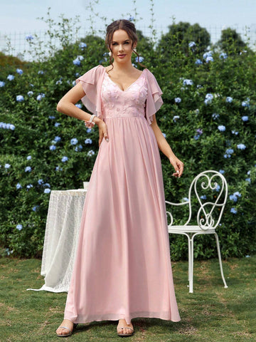 Elegant, Gorgeous And Romantic Lotus Pink Lace 3D Flower Splicing Pearl Chiffon Short Flutter Sleeves Suitable For Weddings, Holiday Parties, Proms, Vacation Graduation Dresses, Informal A-Line Pleated Bridesmaid Dresses