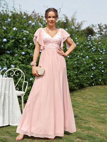 Elegant, Gorgeous And Romantic Lotus Pink Lace 3D Flower Splicing Pearl Chiffon Short Flutter Sleeves Suitable For Weddings, Holiday Parties, Proms, Vacation Graduation Dresses, Informal A-Line Pleated Bridesmaid Dresses