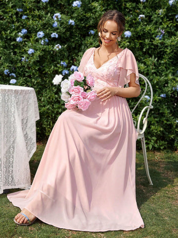 Elegant, Gorgeous And Romantic Lotus Pink Lace 3D Flower Splicing Pearl Chiffon Short Flutter Sleeves Suitable For Weddings, Holiday Parties, Proms, Vacation Graduation Dresses, Informal A-Line Pleated Bridesmaid Dresses