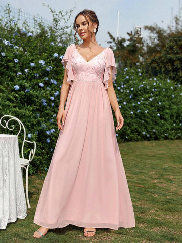 Elegant, Gorgeous And Romantic Lotus Pink Lace 3D Flower Splicing Pearl Chiffon Short Flutter Sleeves Suitable For Weddings, Holiday Parties, Proms, Vacation Graduation Dresses, Informal A-Line Pleated Bridesmaid Dresses