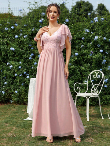 Elegant, Gorgeous And Romantic Lotus Pink Lace 3D Flower Splicing Pearl Chiffon Short Flutter Sleeves Suitable For Weddings, Holiday Parties, Proms, Vacation Graduation Dresses, Informal A-Line Pleated Bridesmaid Dresses