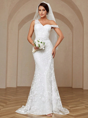 Elegant, Gorgeous And Romantic High-Waisted  Embroidered Lace Details See-Through Inserts Sexy High-Slit Mermaid Tail Skirt Suitable For Parties, Weddings, Festivals, Ramadan Lawn Dresses, Large Floor-Length Wedding Dresses