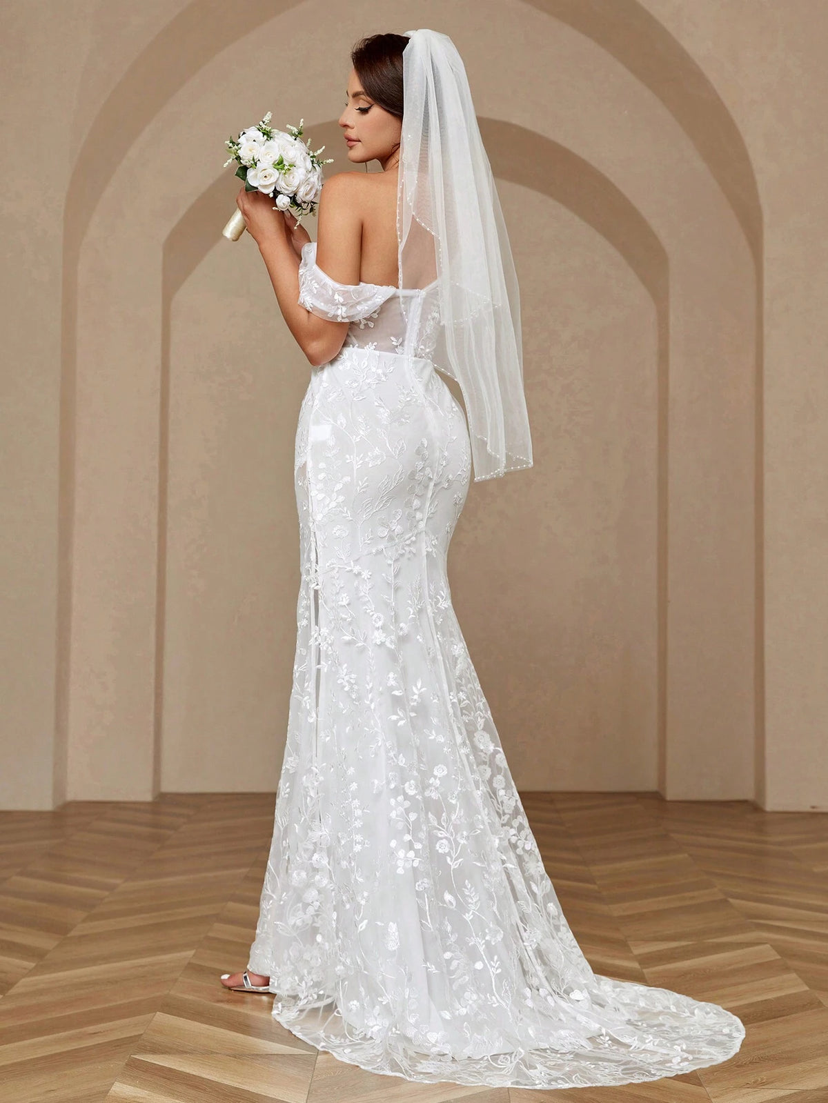 Elegant, Gorgeous And Romantic High-Waisted  Embroidered Lace Details See-Through Inserts Sexy High-Slit Mermaid Tail Skirt Suitable For Parties, Weddings, Festivals, Ramadan Lawn Dresses, Large Floor-Length Wedding Dresses