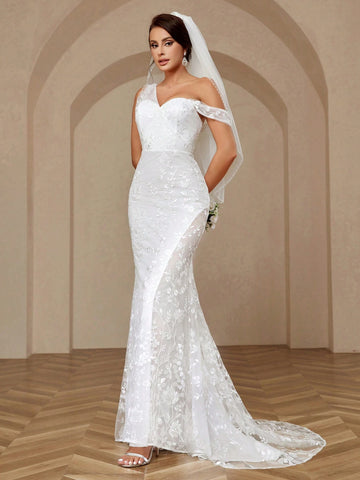 Elegant, Gorgeous And Romantic High-Waisted  Embroidered Lace Details See-Through Inserts Sexy High-Slit Mermaid Tail Skirt Suitable For Parties, Weddings, Festivals, Ramadan Lawn Dresses, Large Floor-Length Wedding Dresses