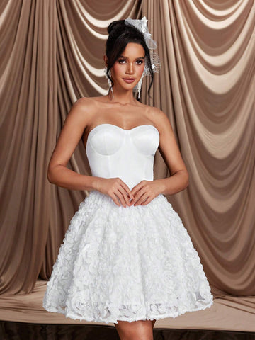 Elegant, Gorgeous And Romantic White Beaded Sequins Spliced Three-Dimensional Flower Fabric Strapless Tutu Skirt Suitable For Wedding Party Bridal Shower Dress