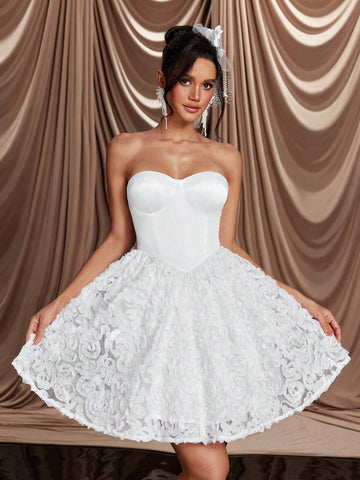 Elegant, Gorgeous And Romantic White Beaded Sequins Spliced Three-Dimensional Flower Fabric Strapless Tutu Skirt Suitable For Wedding Party Bridal Shower Dress