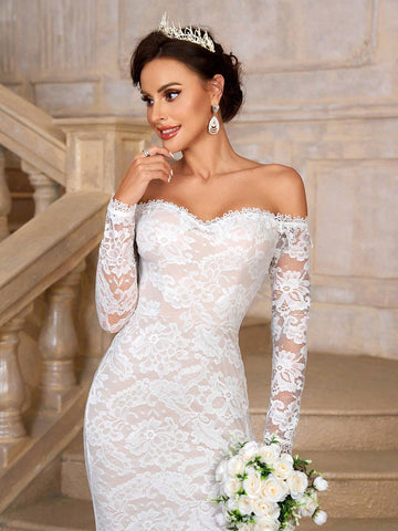 Elegant, Elastic Lace Breast Cup, Fishbone Pressure Line Sticker, Scallop Edge, French Classic Lace Appliqué, High Slit, Mermaid Tail Design, Suitable For Weddings, Bachelorette Parties, Graduation Ceremonies, Extra Long Tail Wedding Dress