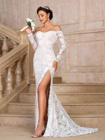 Elegant, Elastic Lace Breast Cup, Fishbone Pressure Line Sticker, Scallop Edge, French Classic Lace Appliqué, High Slit, Mermaid Tail Design, Suitable For Weddings, Bachelorette Parties, Graduation Ceremonies, Extra Long Tail Wedding Dress