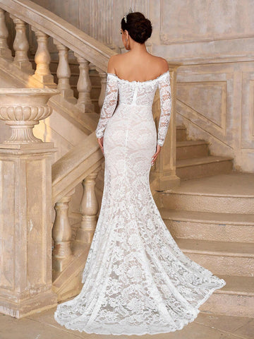 Elegant, Elastic Lace Breast Cup, Fishbone Pressure Line Sticker, Scallop Edge, French Classic Lace Appliqué, High Slit, Mermaid Tail Design, Suitable For Weddings, Bachelorette Parties, Graduation Ceremonies, Extra Long Tail Wedding Dress