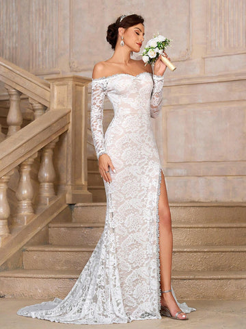 Elegant, Elastic Lace Breast Cup, Fishbone Pressure Line Sticker, Scallop Edge, French Classic Lace Appliqué, High Slit, Mermaid Tail Design, Suitable For Weddings, Bachelorette Parties, Graduation Ceremonies, Extra Long Tail Wedding Dress