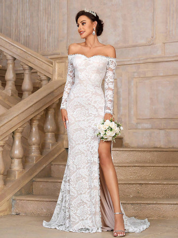 Elegant, Elastic Lace Breast Cup, Fishbone Pressure Line Sticker, Scallop Edge, French Classic Lace Appliqué, High Slit, Mermaid Tail Design, Suitable For Weddings, Bachelorette Parties, Graduation Ceremonies, Extra Long Tail Wedding Dress