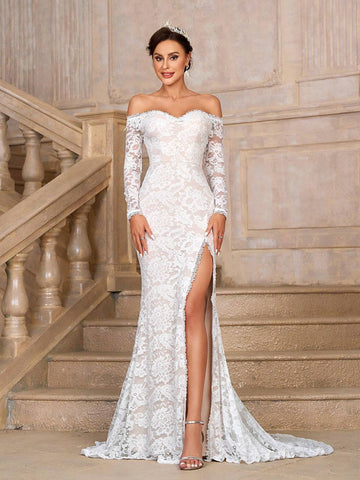 Elegant, Elastic Lace Breast Cup, Fishbone Pressure Line Sticker, Scallop Edge, French Classic Lace Appliqué, High Slit, Mermaid Tail Design, Suitable For Weddings, Bachelorette Parties, Graduation Ceremonies, Extra Long Tail Wedding Dress