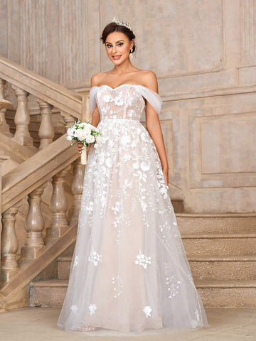 Elegant, Gorgeous And Romantic White Contrasting Flesh-Colored One-Shoulder Luxury Embroidered Lace Mesh Large A-Line Skirt Off-Shoulder Off-The-Shoulder Style Suitable For Weddings Holiday Parties Graduation Season Prom Long Train Wedding Dress