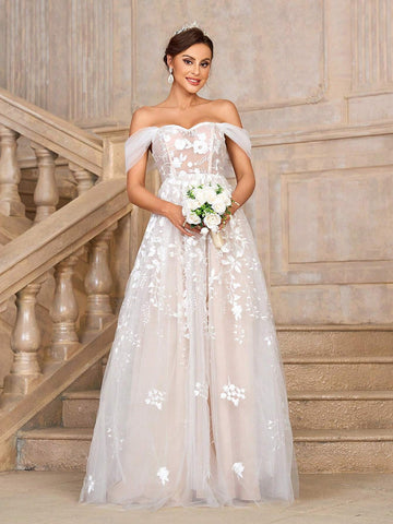 Elegant, Gorgeous And Romantic White Contrasting Flesh-Colored One-Shoulder Luxury Embroidered Lace Mesh Large A-Line Skirt Off-Shoulder Off-The-Shoulder Style Suitable For Weddings Holiday Parties Graduation Season Prom Long Train Wedding Dress