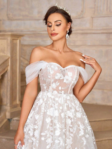 Elegant, Gorgeous And Romantic White Contrasting Flesh-Colored One-Shoulder Luxury Embroidered Lace Mesh Large A-Line Skirt Off-Shoulder Off-The-Shoulder Style Suitable For Weddings Holiday Parties Graduation Season Prom Long Train Wedding Dress