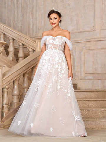 Elegant, Gorgeous And Romantic White Contrasting Flesh-Colored One-Shoulder Luxury Embroidered Lace Mesh Large A-Line Skirt Off-Shoulder Off-The-Shoulder Style Suitable For Weddings Holiday Parties Graduation Season Prom Long Train Wedding Dress