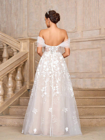 Elegant, Gorgeous And Romantic White Contrasting Flesh-Colored One-Shoulder Luxury Embroidered Lace Mesh Large A-Line Skirt Off-Shoulder Off-The-Shoulder Style Suitable For Weddings Holiday Parties Graduation Season Prom Long Train Wedding Dress