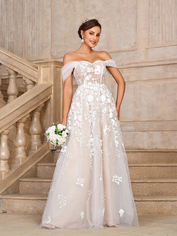 Elegant, Gorgeous And Romantic White Contrasting Flesh-Colored One-Shoulder Luxury Embroidered Lace Mesh Large A-Line Skirt Off-Shoulder Off-The-Shoulder Style Suitable For Weddings Holiday Parties Graduation Season Prom Long Train Wedding Dress