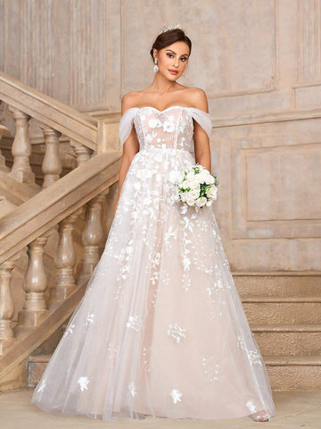 Elegant, Gorgeous And Romantic White Contrasting Flesh-Colored One-Shoulder Luxury Embroidered Lace Mesh Large A-Line Skirt Off-Shoulder Off-The-Shoulder Style Suitable For Weddings Holiday Parties Graduation Season Prom Long Train Wedding Dress