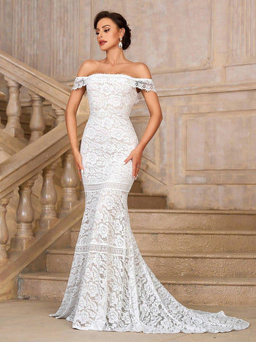 Elegant, Gorgeous And Romantic White One-Shoulder Off-Shoulder Mermaid Tail Stunning Stretch Lace Splicing Embroidered Lace Suitable For Weddings Holiday Parties Prom Holiday Long Train Floor-Length Wedding Dress