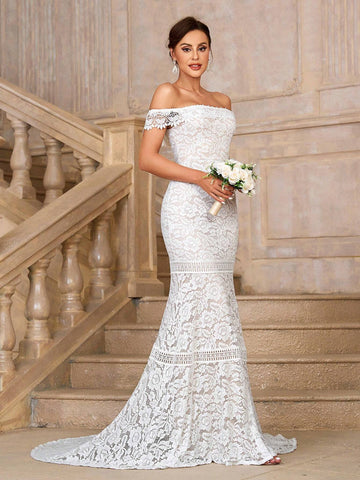 Elegant, Gorgeous And Romantic White One-Shoulder Off-Shoulder Mermaid Tail Stunning Stretch Lace Splicing Embroidered Lace Suitable For Weddings Holiday Parties Prom Holiday Long Train Floor-Length Wedding Dress