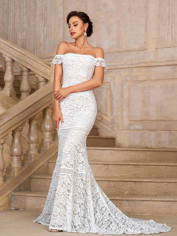Elegant, Gorgeous And Romantic White One-Shoulder Off-Shoulder Mermaid Tail Stunning Stretch Lace Splicing Embroidered Lace Suitable For Weddings Holiday Parties Prom Holiday Long Train Floor-Length Wedding Dress