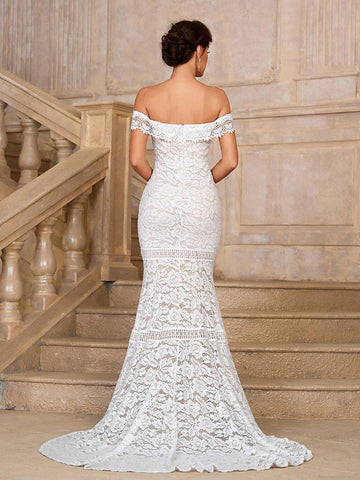 Elegant, Gorgeous And Romantic White One-Shoulder Off-Shoulder Mermaid Tail Stunning Stretch Lace Splicing Embroidered Lace Suitable For Weddings Holiday Parties Prom Holiday Long Train Floor-Length Wedding Dress