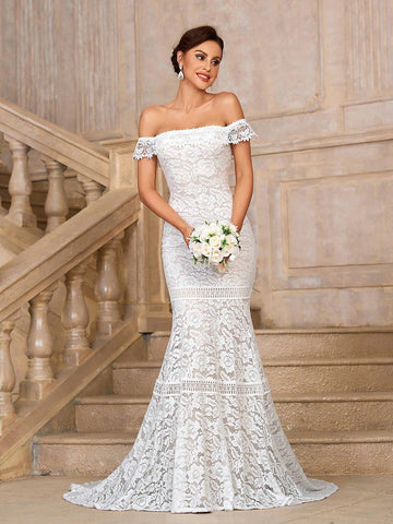 Elegant, Gorgeous And Romantic White One-Shoulder Off-Shoulder Mermaid Tail Stunning Stretch Lace Splicing Embroidered Lace Suitable For Weddings Holiday Parties Prom Holiday Long Train Floor-Length Wedding Dress